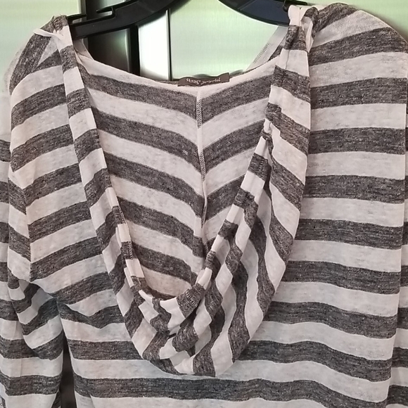 💕MICHAEL STARS💕 Linen-Knit Stripe-Hooded Pullover Grey White Striped Pattern - Picture 7 of 9